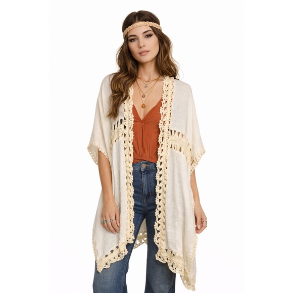 Altar'd State Sweaters - Altar'd‎ State Boho Crochet Lace Kimono Cardigan Ivory Festival M